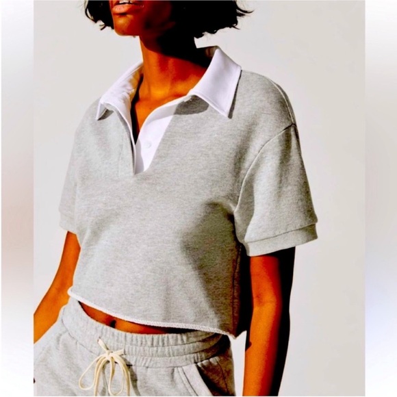 Tops - Gray Collared  Top Sunnyside Crop Top With Woven
NWT Heather Grey - size M